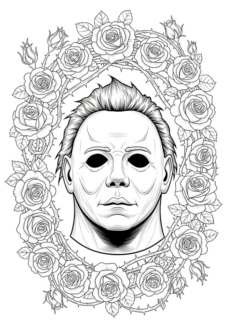 Michael Myers Mask with Roses Frame Coloring Page