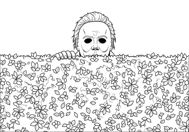Michael Myers Peeking from Behind a Hedge Coloring Page
