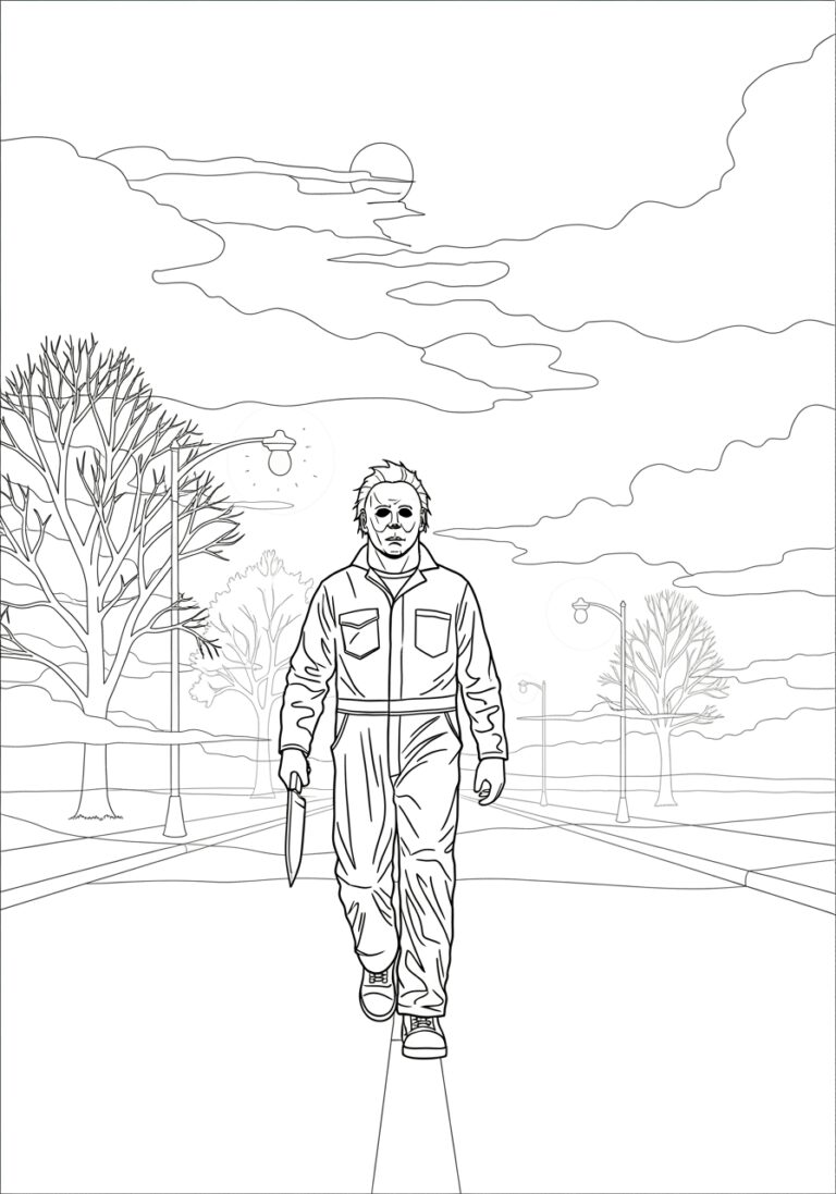 Michael Myers Walking Through Foggy Street Coloring Page