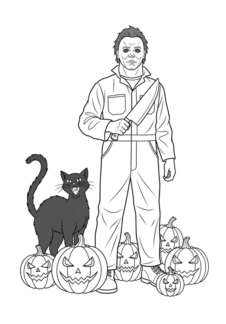 Michael Myers with Black Cat and Pumpkins Coloring Page