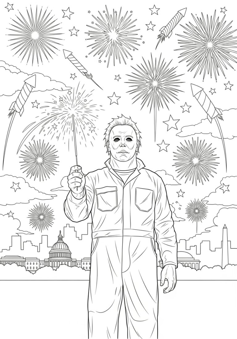 Michael Myers with Fireworks Fourth of July Coloring Page
