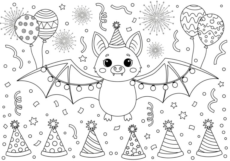 New Year Party Bat with Confetti Coloring Page