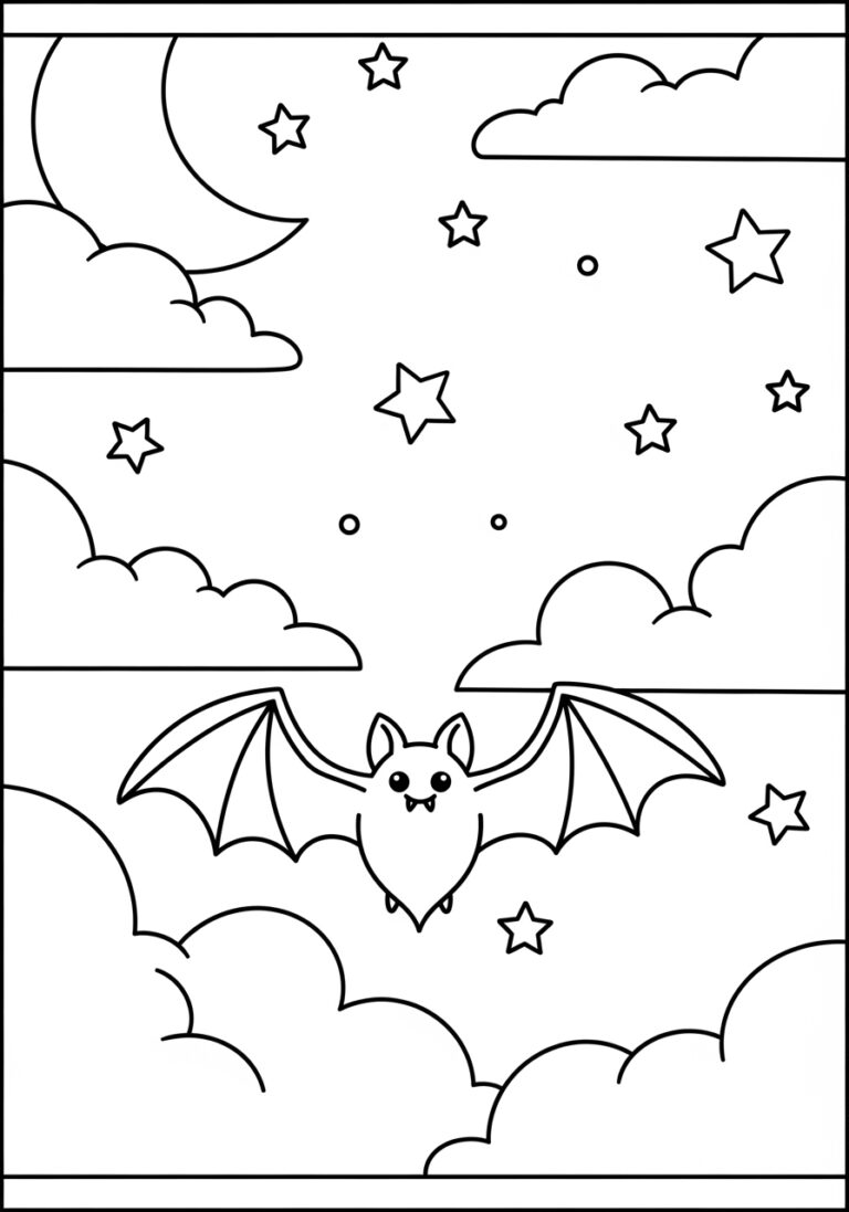 Nocturnal Sky with Stars Bat Coloring Page