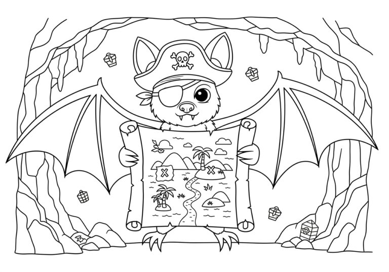 Pirate Bat with a Treasure Map Coloring Page