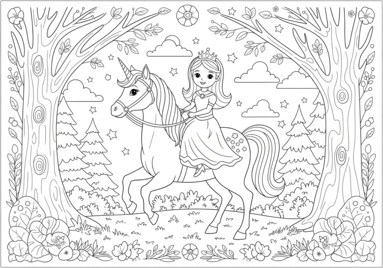 Princess Riding a Unicorn Coloring Page