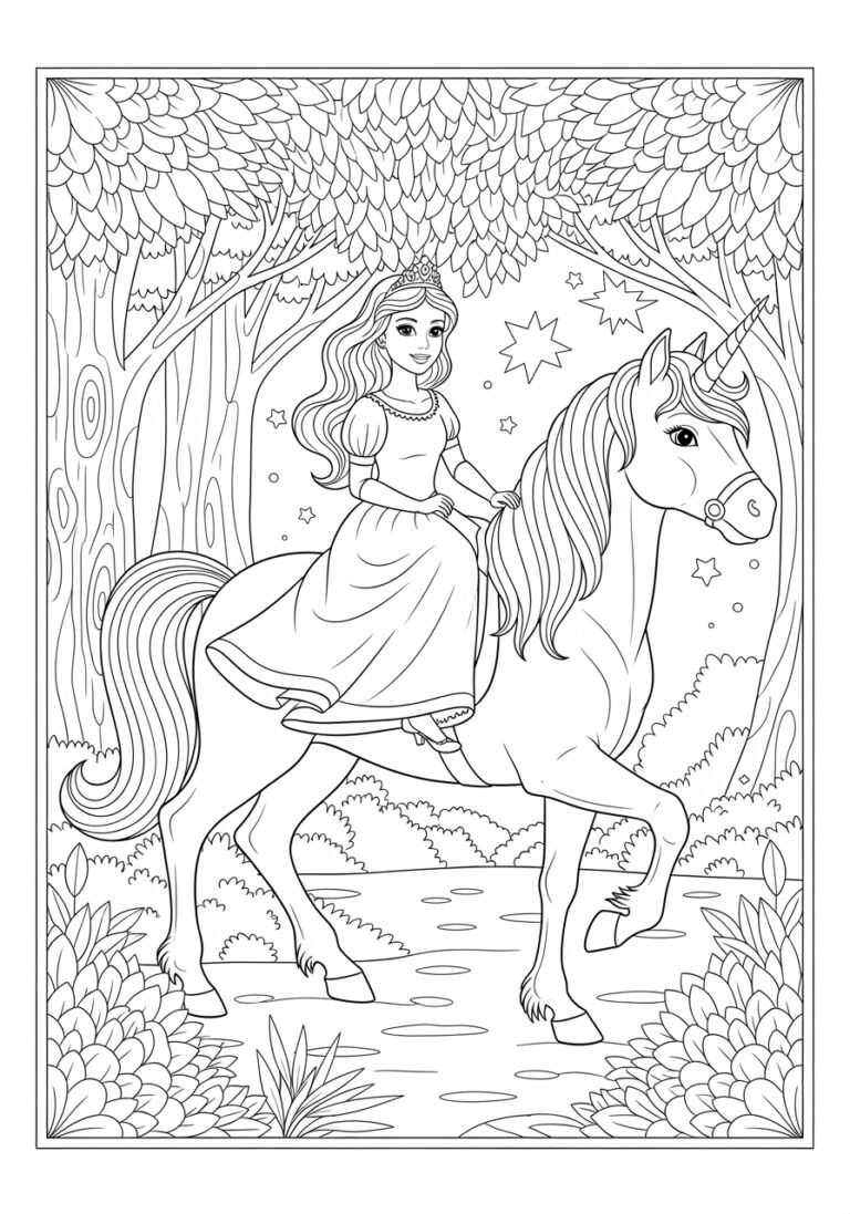 Princess Riding Unicorn Coloring Page