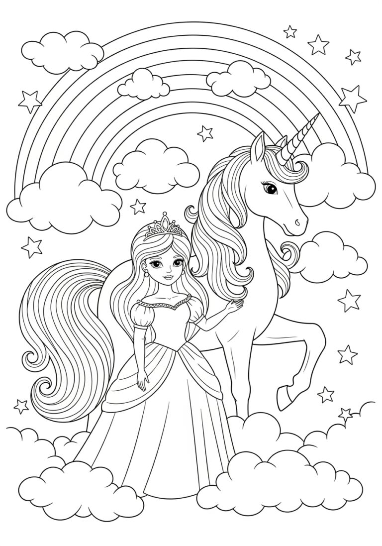 Rainbow Princess Unicorn Coloring Page