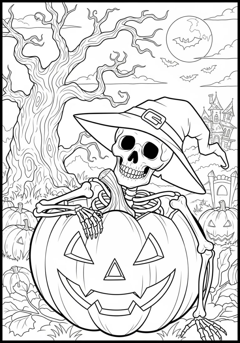 Skeleton Pumpkin Coloring Page to Print Out and Color
