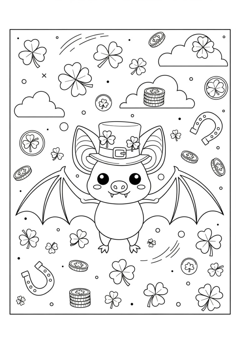 St. Patrick’s Day Bat with Shamrocks Coloring Page