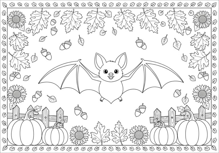 Thanksgiving Bat with Harvest Leaves Coloring Page