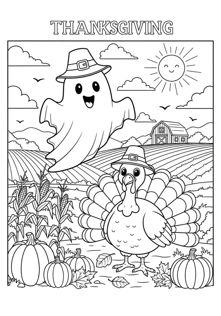 Thanksgiving Ghost with Turkey Coloring Page