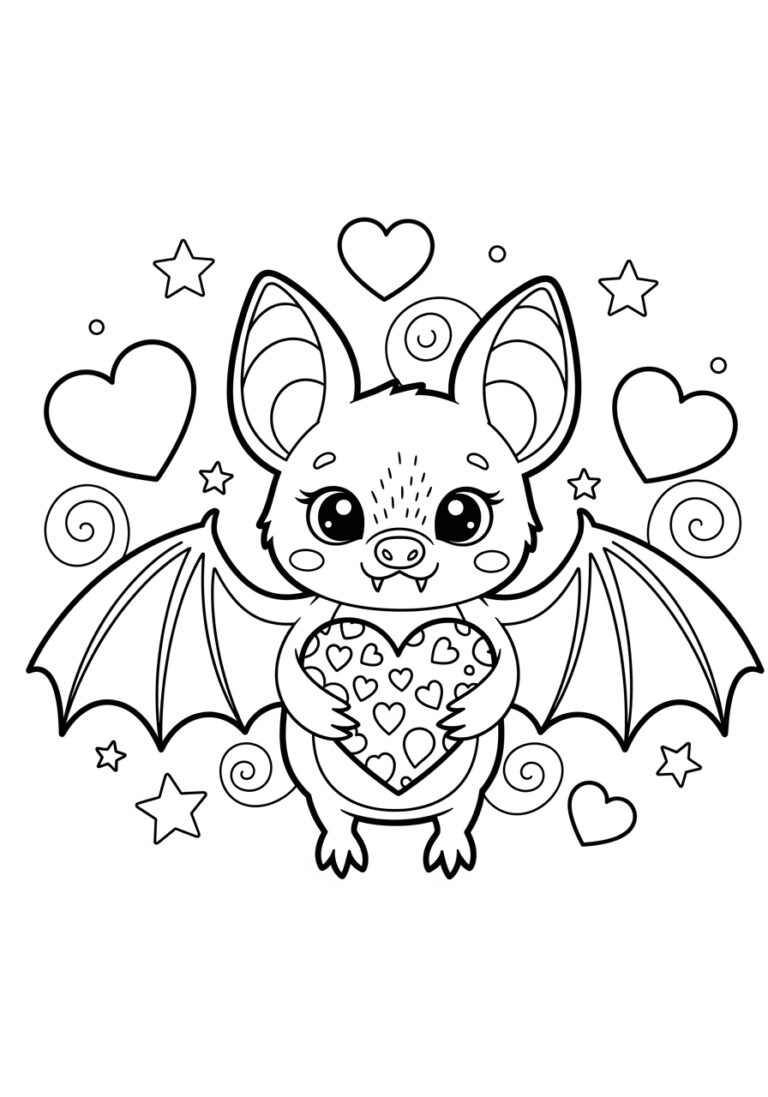 Valentine Bat Holding a Heart Coloring Page