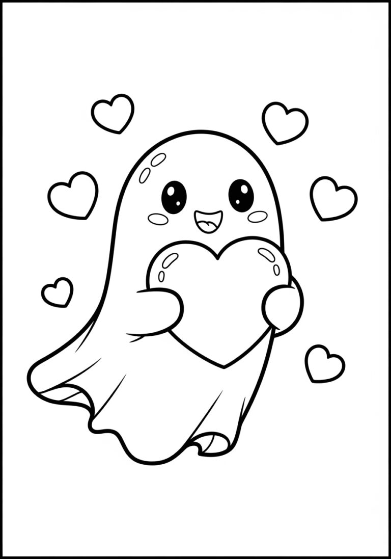 Valentine Ghost Holding a Heart Coloring Page