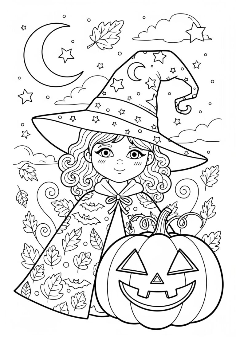 Witch and Pumpkin Coloring Page