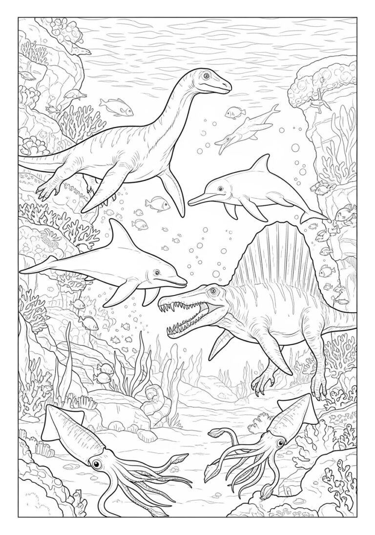 Underwater Dinosaur Coloring Page to Print Out and Color