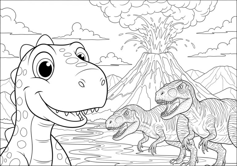 Dinosaur Volcano Coloring Page to Print and Color