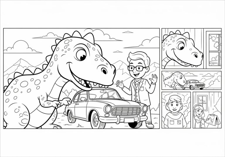 Dinosaur Car Coloring Page to Print Out and Color