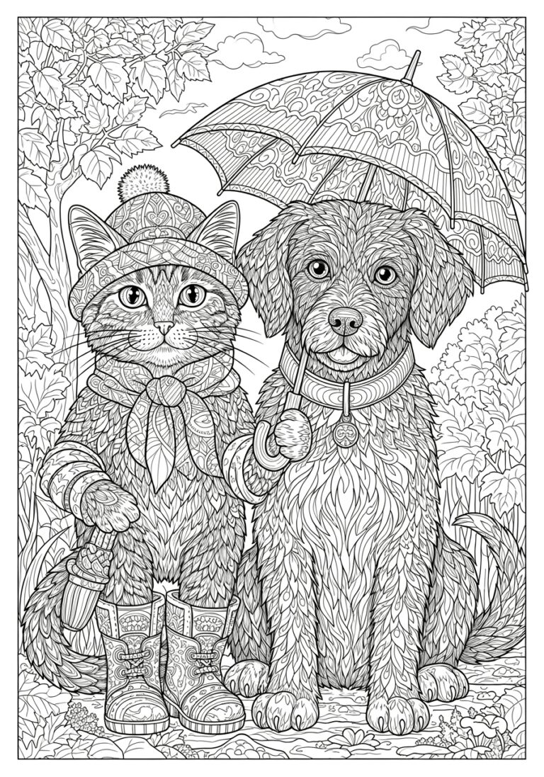 Cat and Dog Coloring Page for Adults
