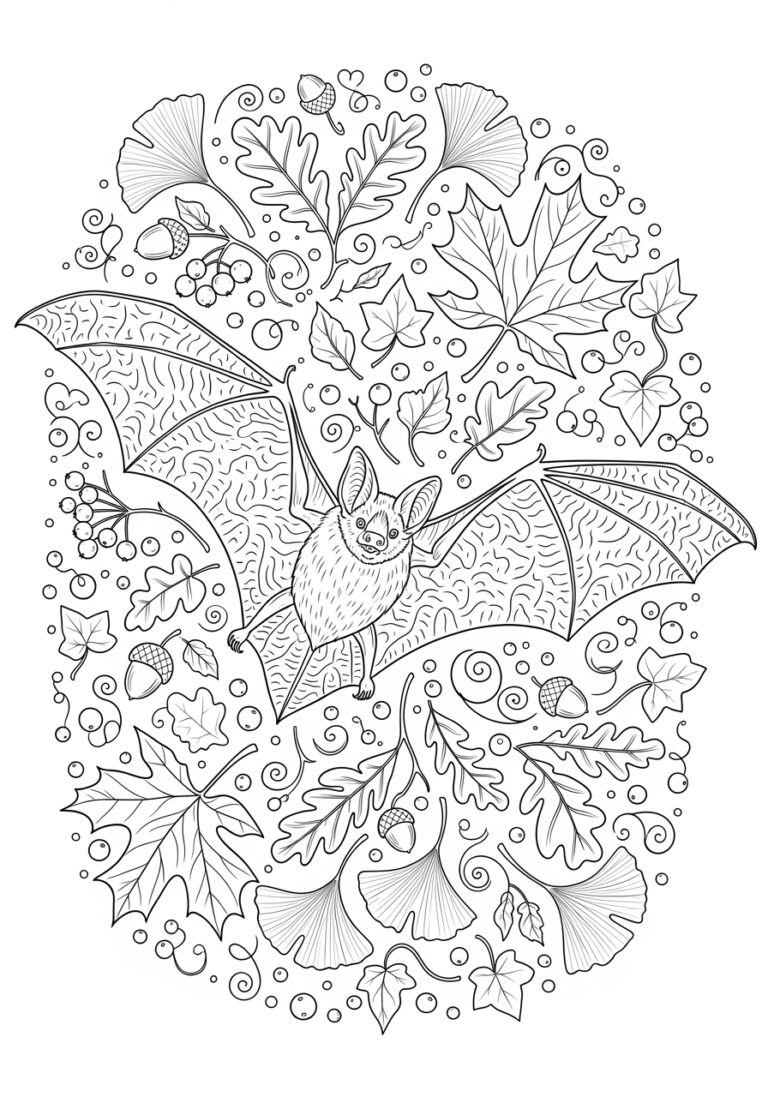 Autumn Leaves Bat Coloring Page