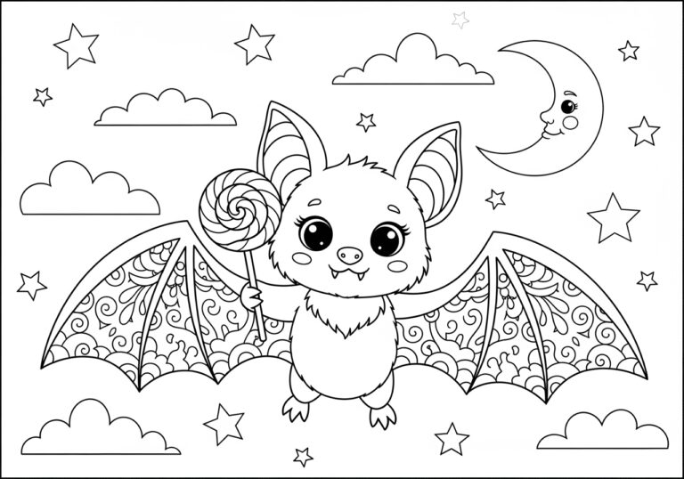 Cute Bat Holding a Lollipop Coloring Page