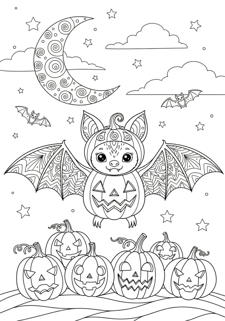 Baby Bat in a Pumpkin Costume Coloring Page