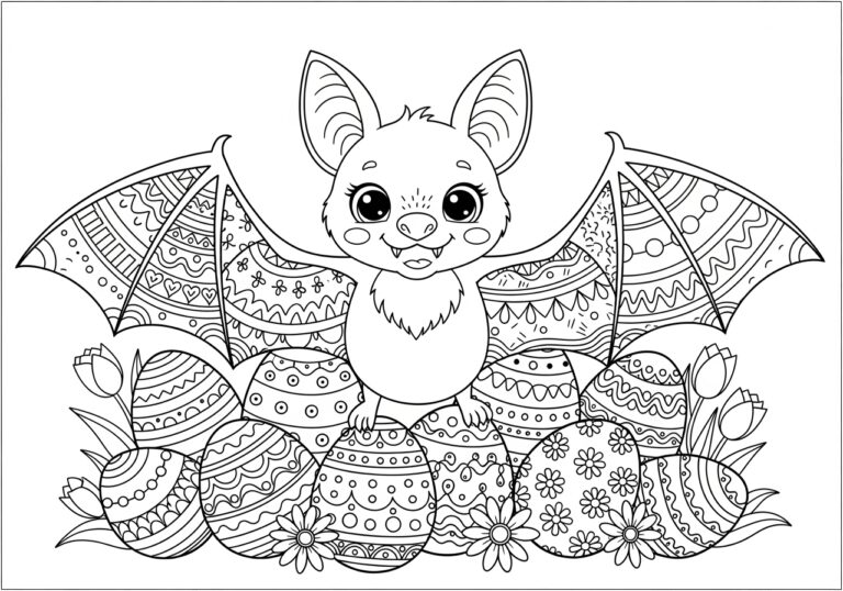 Easter Bat with Decorated Eggs Coloring Page