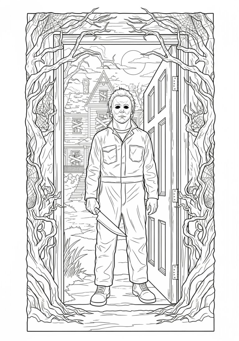 Michael Myers at a Haunted House Doorway Coloring Page