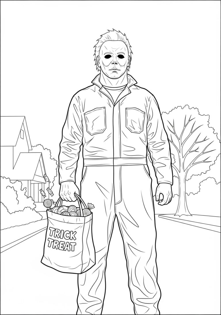 Michael Myers with Trick-or-Treat Candy Bag Coloring Page