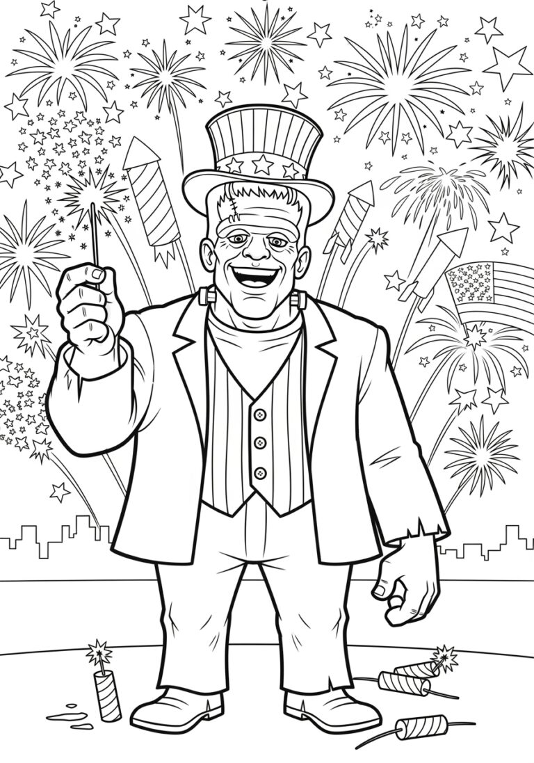 Frankenstein Fourth of July Fireworks Coloring Page