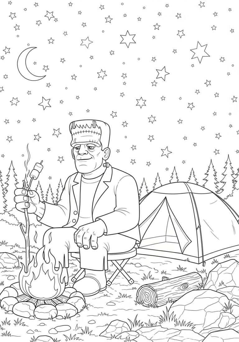 Frankenstein Camping Under the Stars Coloring Page