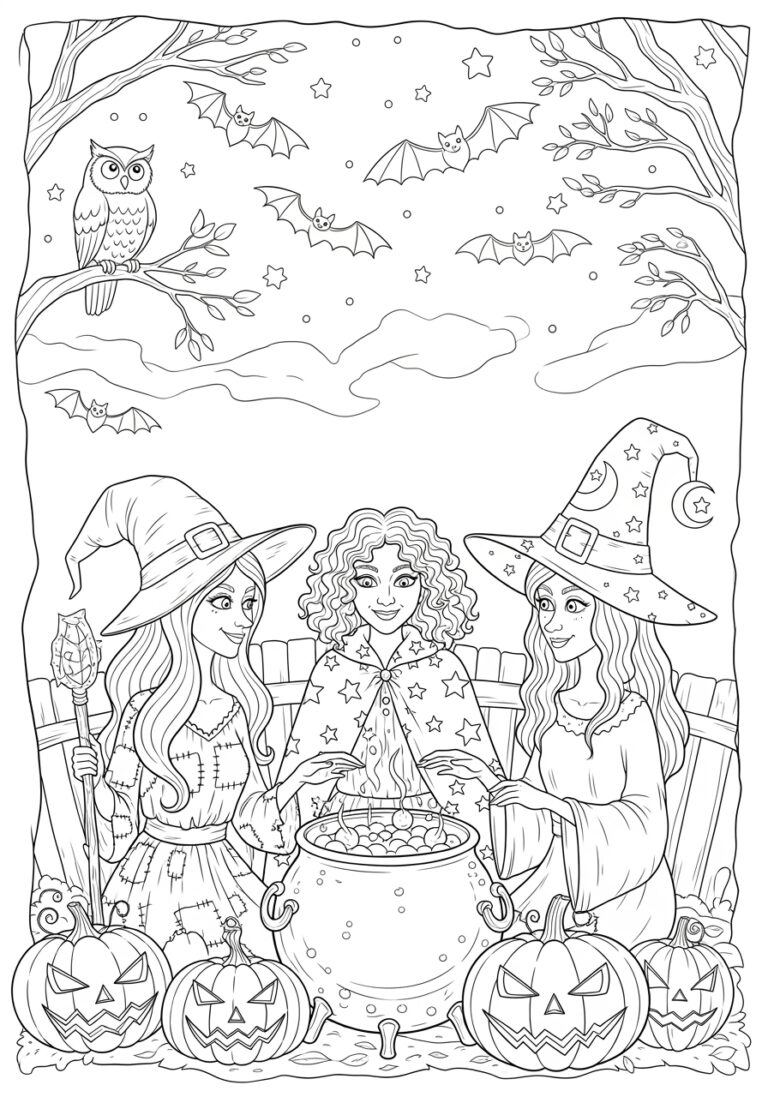 Easy Hocus Pocus Witch Trio Coloring Page