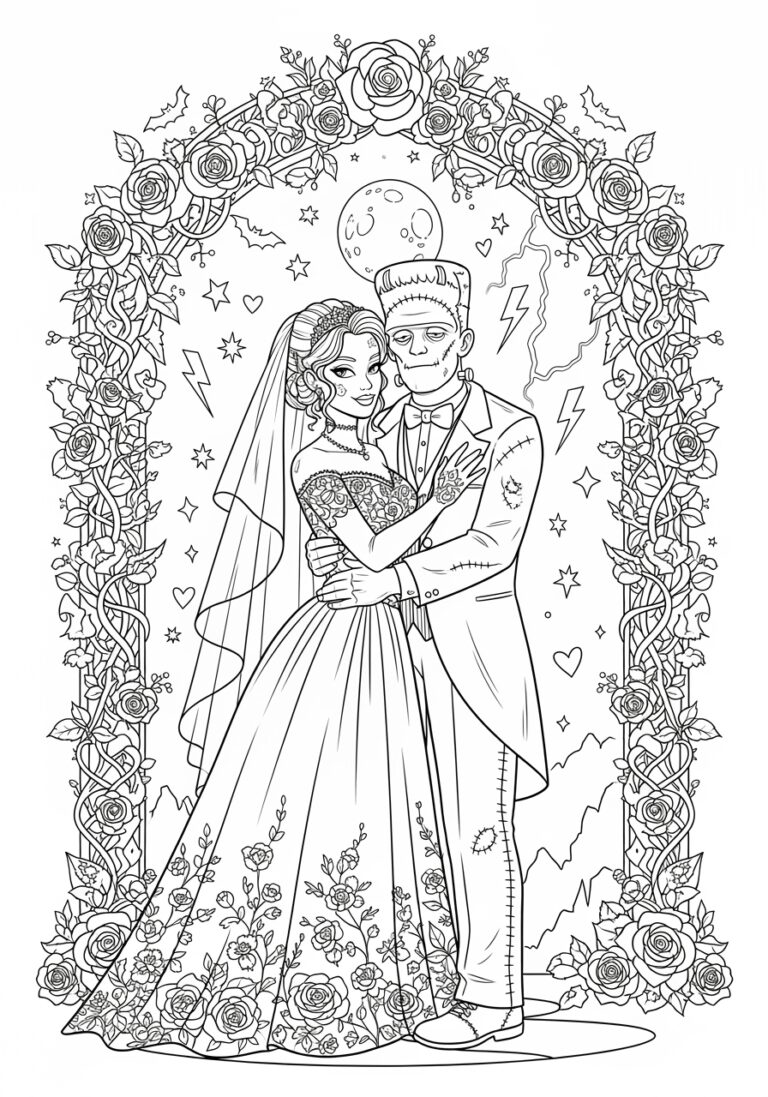 Bride and Frankenstein Wedding Coloring Page